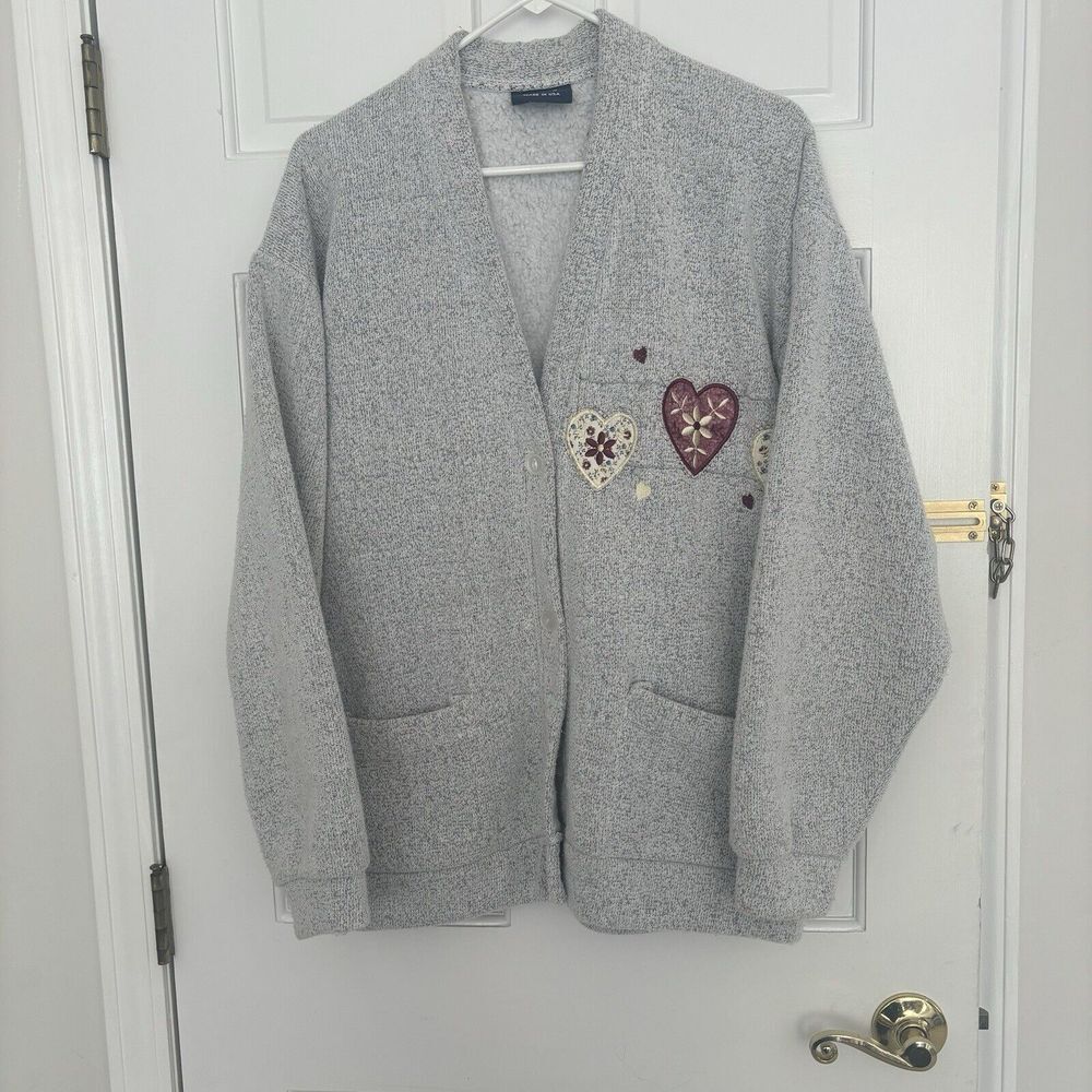 Vintage 1990s Embroidered Cardigan Sweater Size Large Made In USA Gray